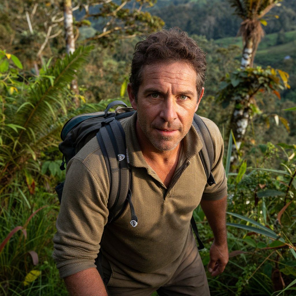 Man Hiking Through Dense Forest with Backpack Outdoor Adventure