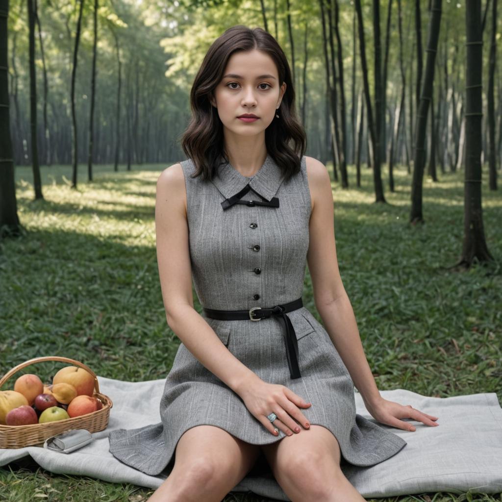 Young Woman in Gray Dress with Apples in Bamboo Forest