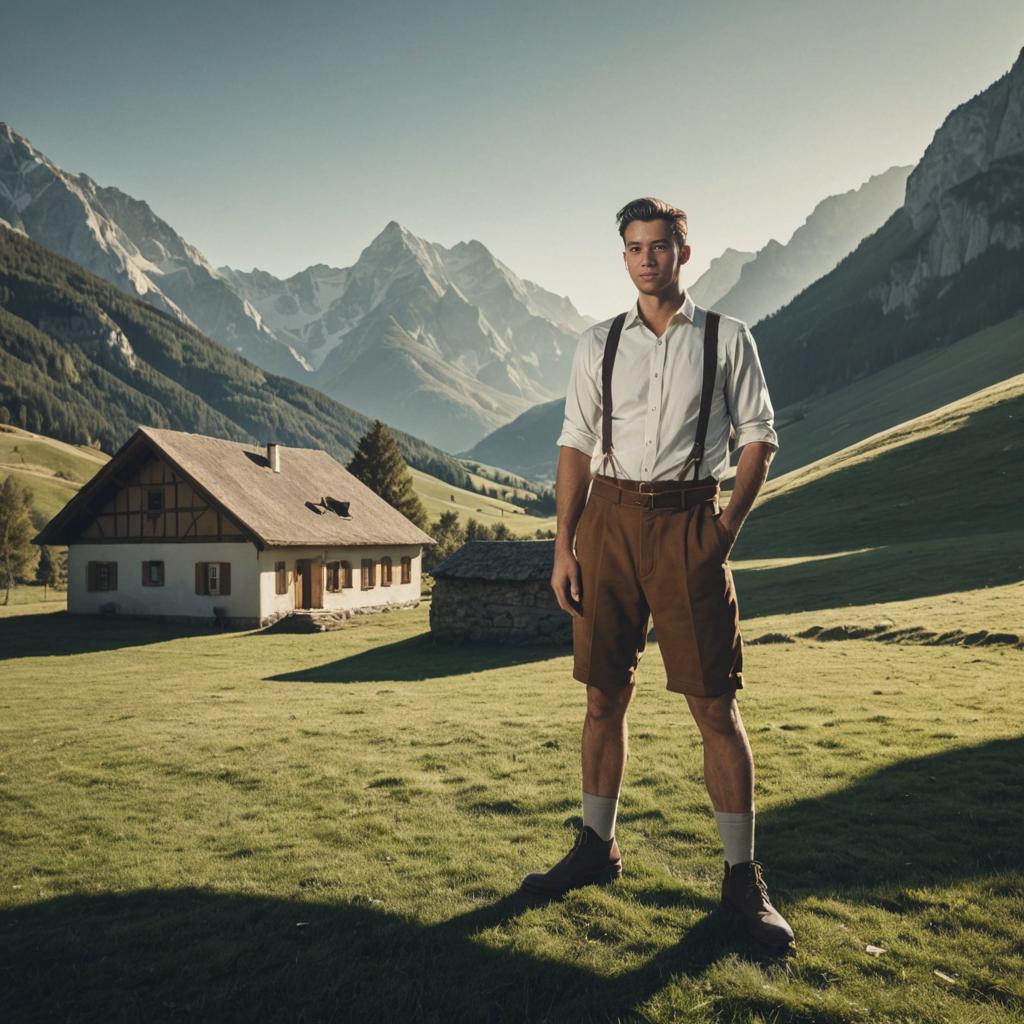 Man in Bavarian Lederhosen with Alps and Chalet