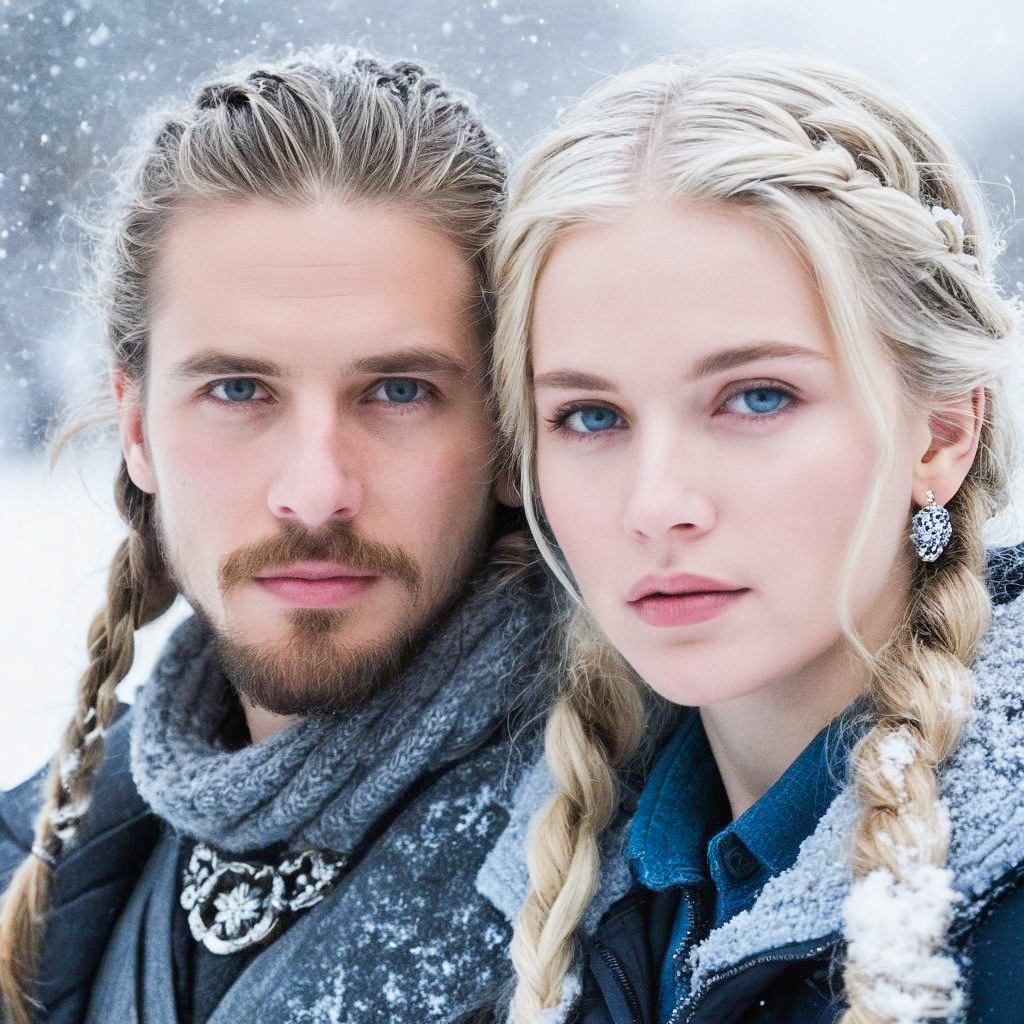 Close-up portrait of a couple in snowy environment Close-up portrait of a couple in snowy environment