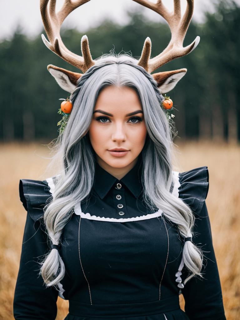 Woman with Silver Hair Wearing Deer Antler Headpiece and Black Dress