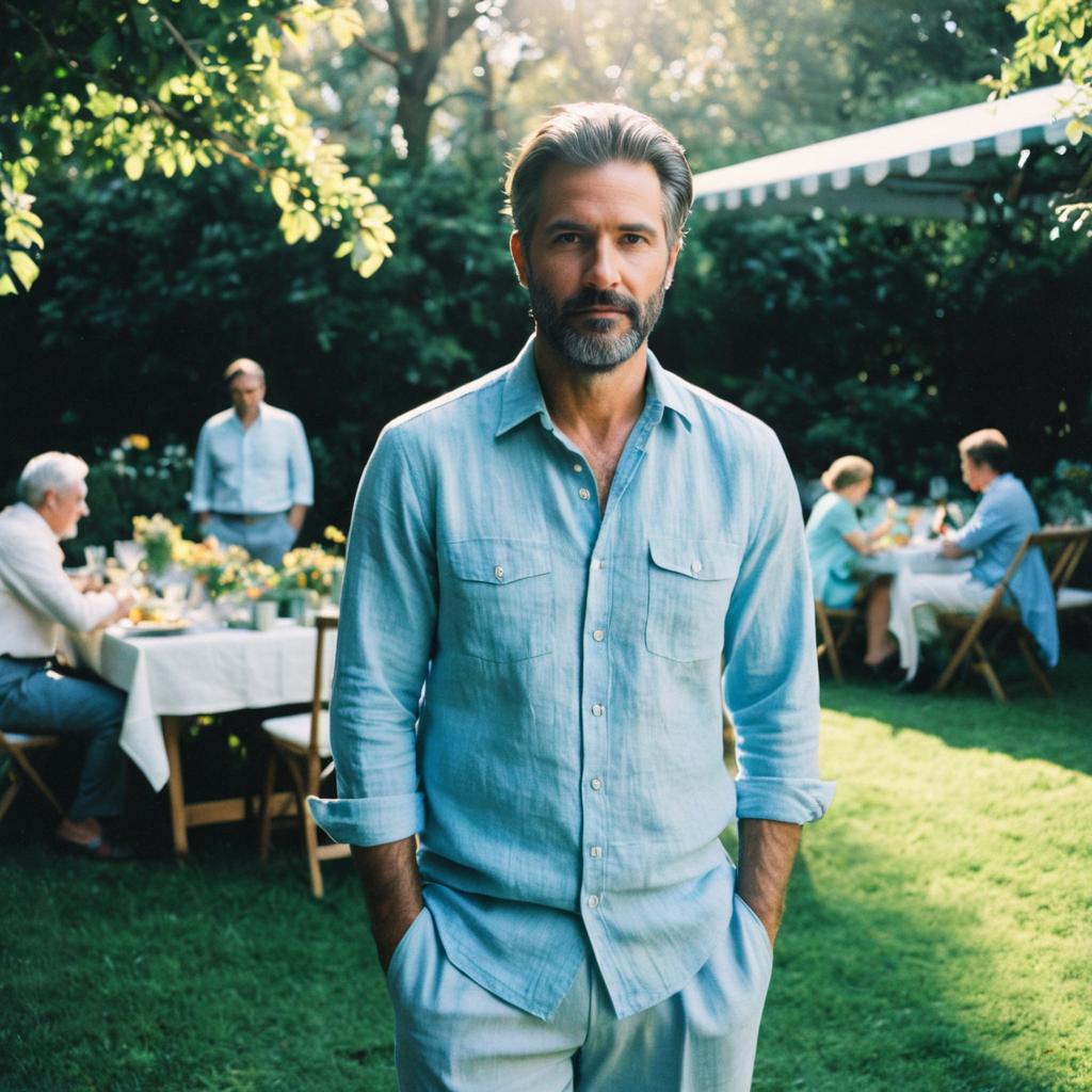 Mature Man in Light Blue Shirt at Relaxed Outdoor Garden Gathering