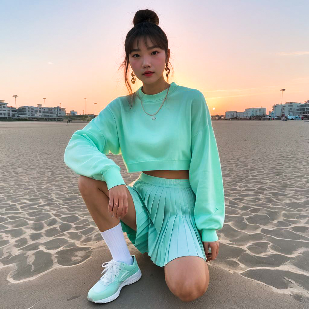 Young Woman in Mint Green Outfit on Beach at Sunset