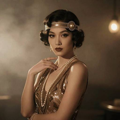 1920s Glamorous Woman in Flapper Dress with Pearls and Jeweled Headband