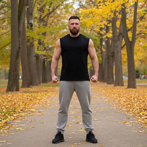 Muscular Man Standing on Autumn Pathway with Fallen Leaves