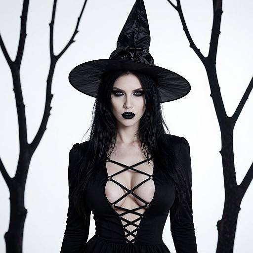Gothic Witch Woman in Black Corset Dress and Pointed Hat