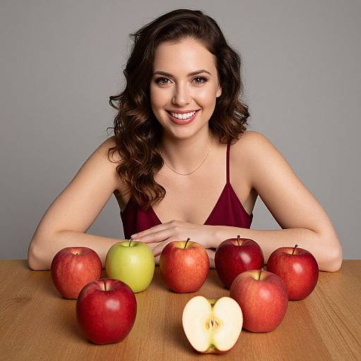 Woman Smiling Behind Table with Variety of Apples Including Green and Sliced Apple