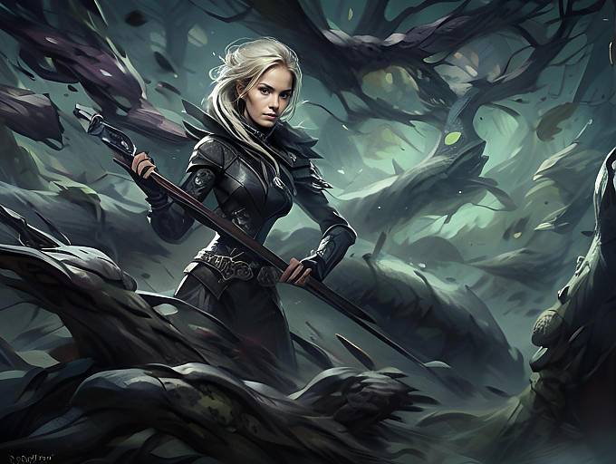 Fantasy Woman Warrior in Dark Enchanted Forest Holding Staff