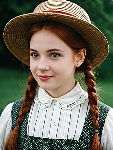 Girl in Vintage Dress and Straw Hat Inspired by Anne of Green Gables