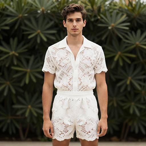 Man Wearing White Lace Romper with Floral Patterns in Front of Greenery