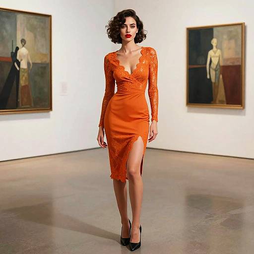 Woman in Elegant Orange Lace Dress in Art Gallery
