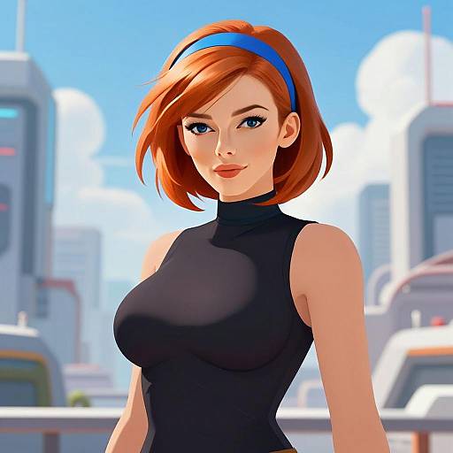 Digital Portrait of Confident Red-Haired Woman in Futuristic Cityscape