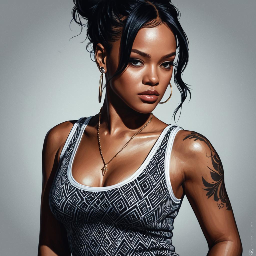 Confident Woman with Geometric Tattoo in Patterned Tank Top - Hyper-Realistic Portrait