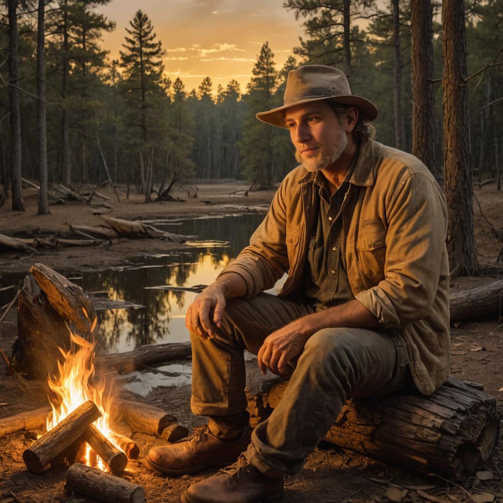 Man by Campfire in Forest at Dusk