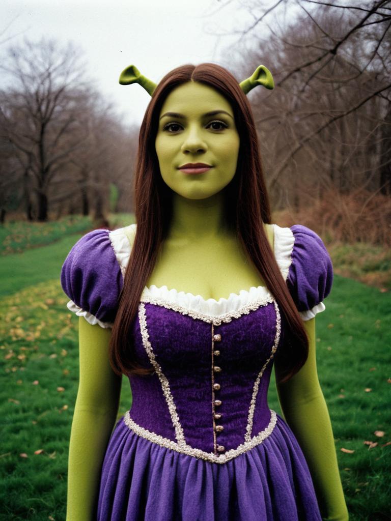 Woman in Purple Dress Wearing Shrek Costume with Ogre Ears Outdoors