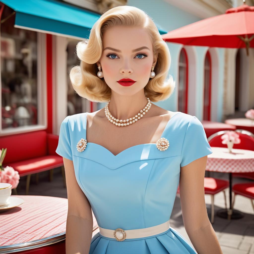 Vintage Woman in Light Blue Dress at Cafe