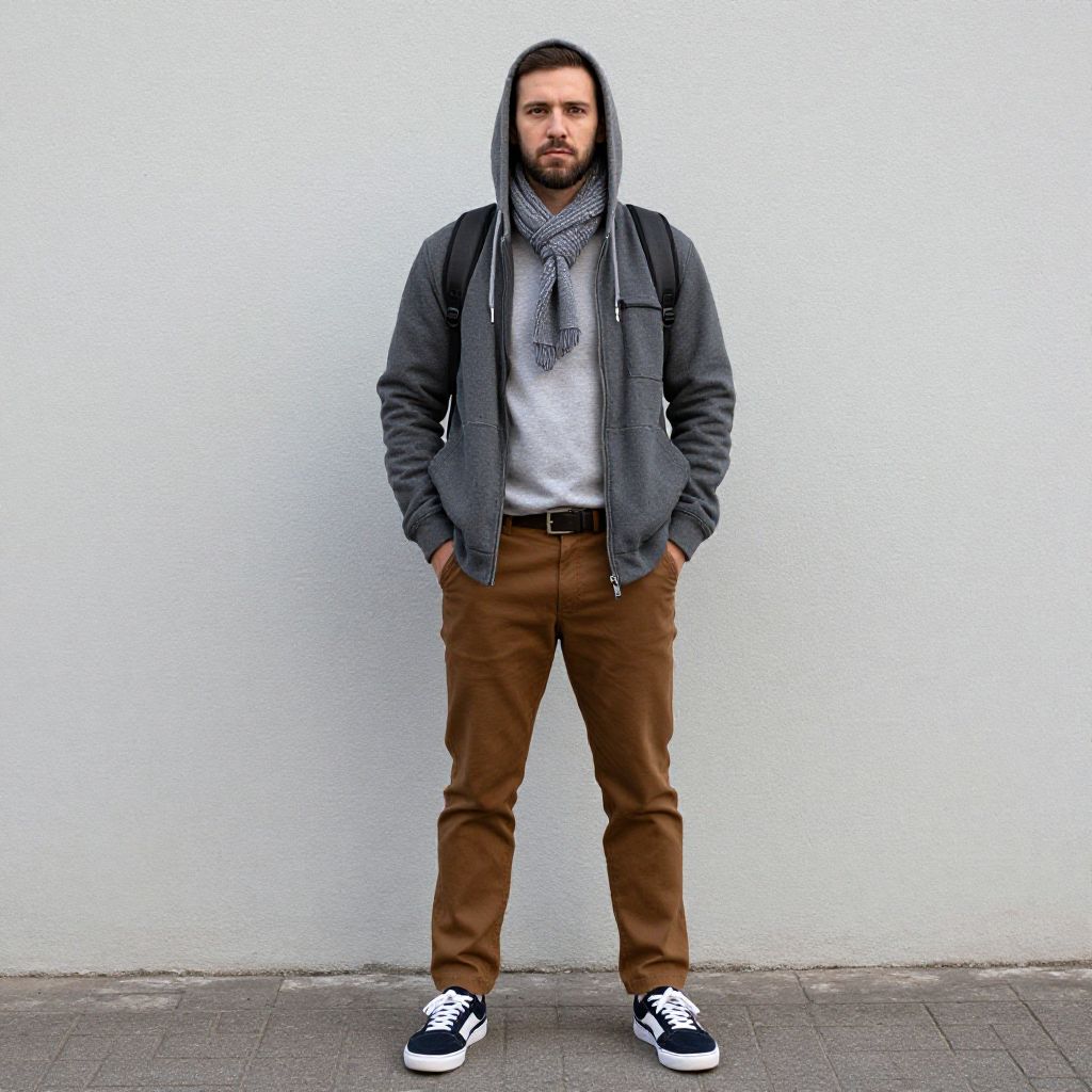 Confident Young Man in Hoodie and Scarf with Backpack Standing Outdoors