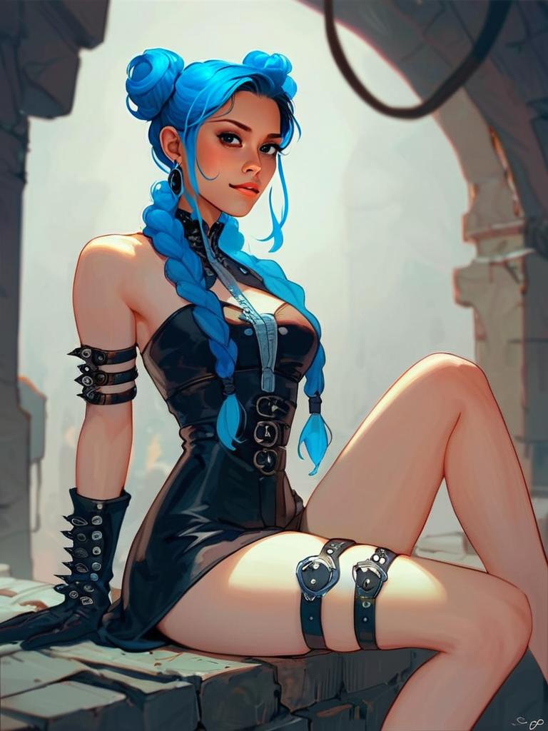 Digital Artwork of Woman with Blue Hair in Black Leather Outfit Sitting on Stone Ruins
