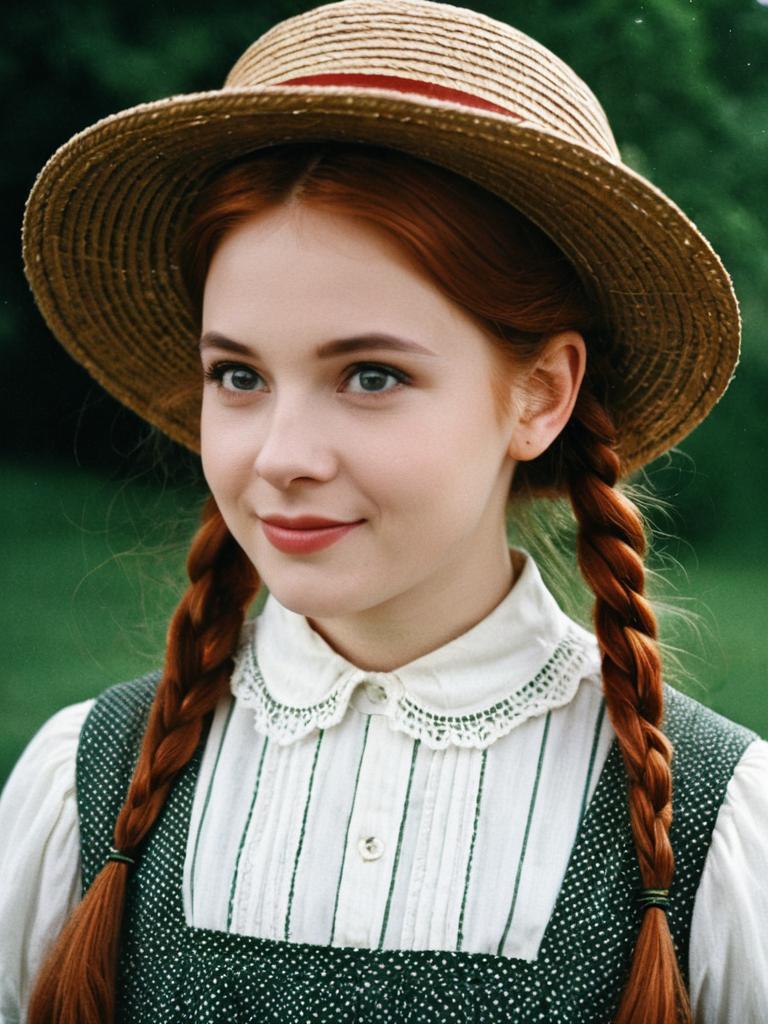 Girl in Vintage Dress and Straw Hat Inspired by Anne of Green Gables