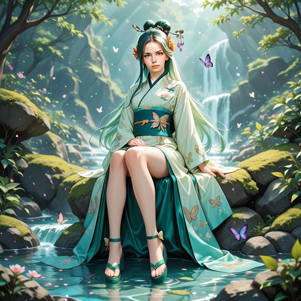 Serene Woman in Kimono by Stream with Butterflies