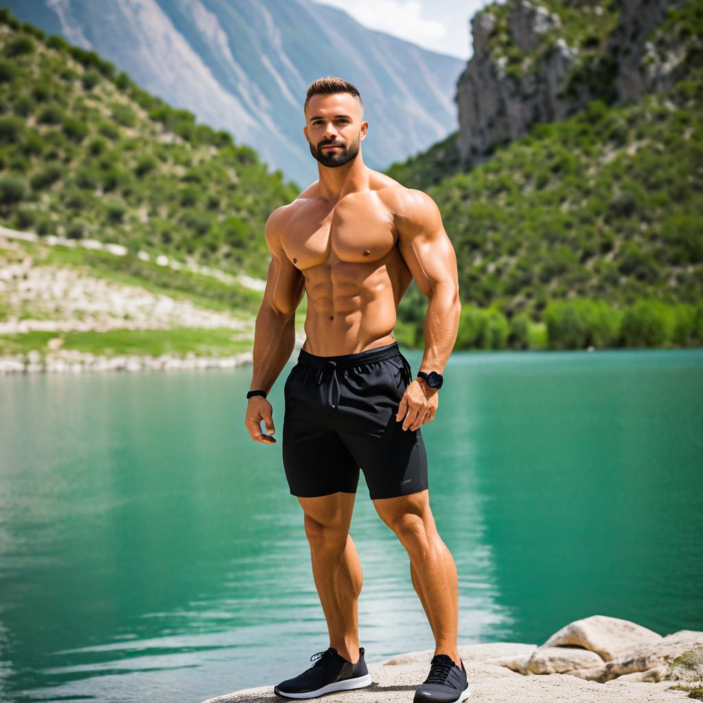 Fit man by serene lake with mountains