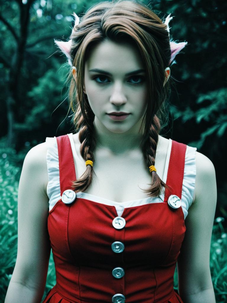 Photorealistic Aerith Cosplay Portrait of Woman in Red Dress