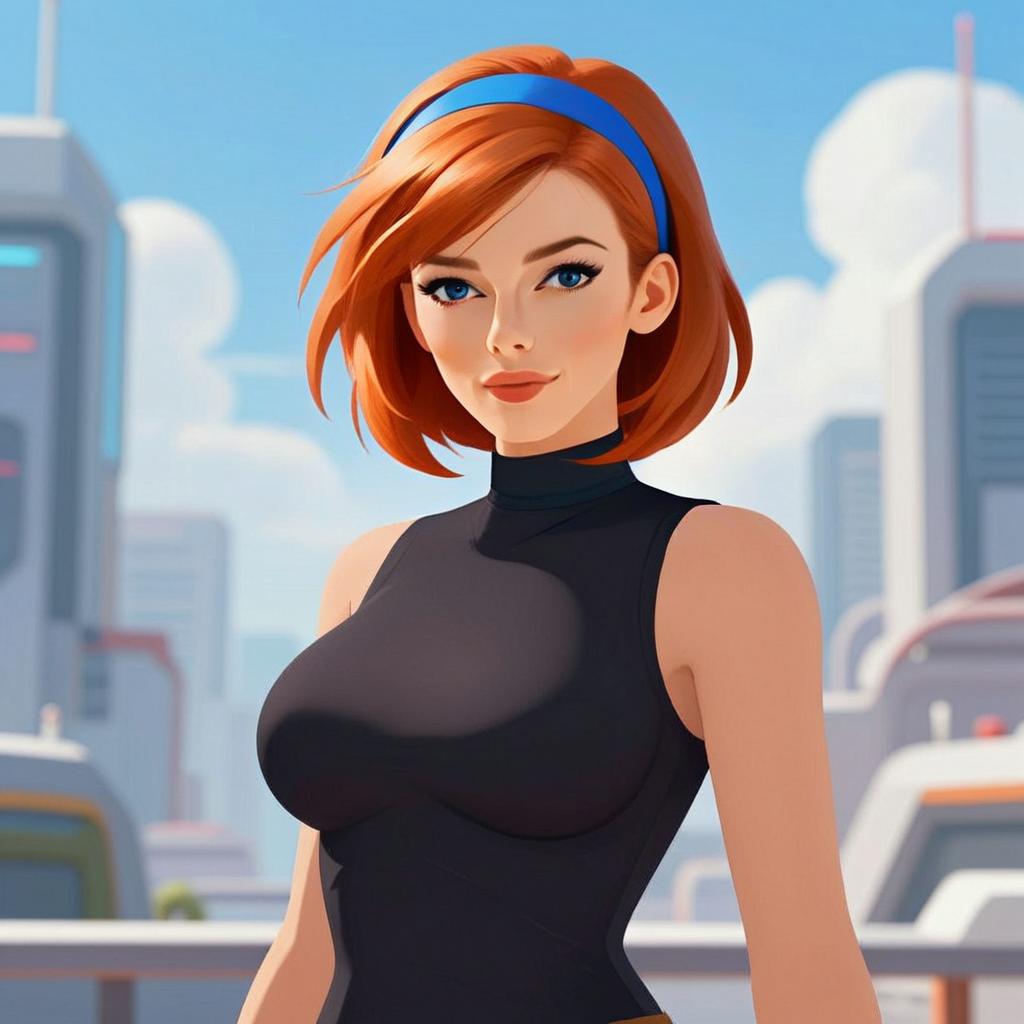 Digital Portrait of Confident Red-Haired Woman in Futuristic Cityscape
