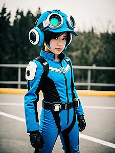 Realistic Beck Cosplay from Mighty No. 9 by Woman in Blue Futuristic Costume