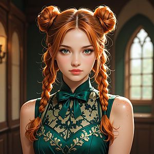 Young Woman with Red Hair in Elegant Green Dress