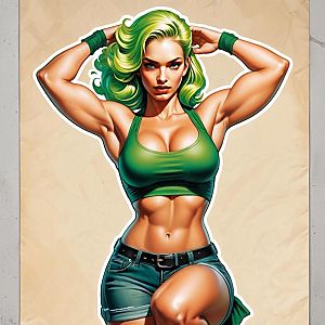 Muscular Woman with Green Hair in Comic Book Style Illustration