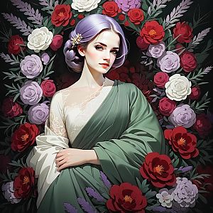 Serene Woman with Lavender Hair and Floral Background