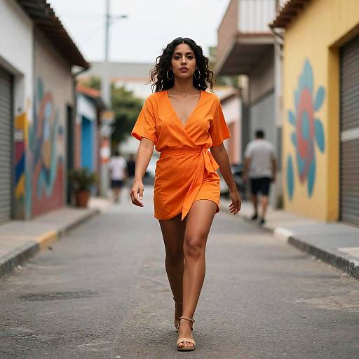 Confident Woman in Orange Dress Walking on Urban Street with Colorful Murals