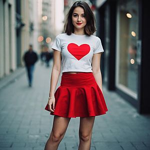 Young Woman in Red Skirt and Heart Print Crop Top on City Street
