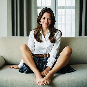 Cheerful Young Woman on Beige Sofa