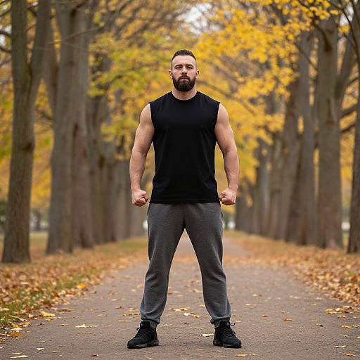 Muscular Man Standing on Autumn Pathway with Yellow Leaves