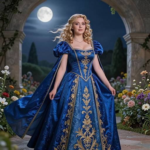 Woman in Royal Blue Embroidered Gown in Moonlit Garden