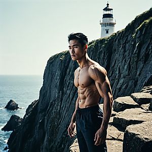 Muscular Man on Cliff with Lighthouse