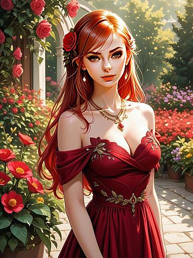 Elegant Red-Haired Woman in Red Dress Digital Illustration in Garden