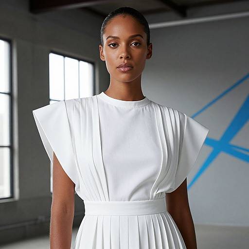 Confident Woman in Modern White Pleated Dress with Winged Sleeves