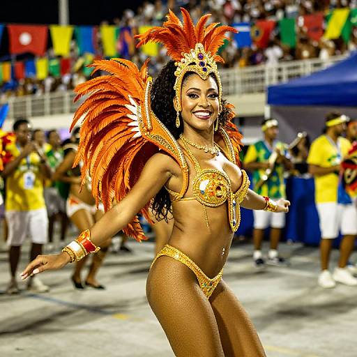 Vibrant Woman Dancing in Orange Carnival Costume at Festival Parade