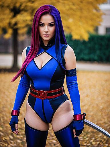 Vibrant Psylocke Cosplay Costume with Multicolored Hair in Autumn Setting