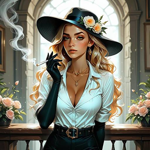 Elegant Woman in Wide Brim Hat and White Blouse Holding Cigarette