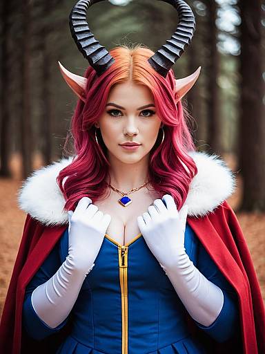 Fantasy Woman in Blue Dress with Horns and Red Cape Cosplay