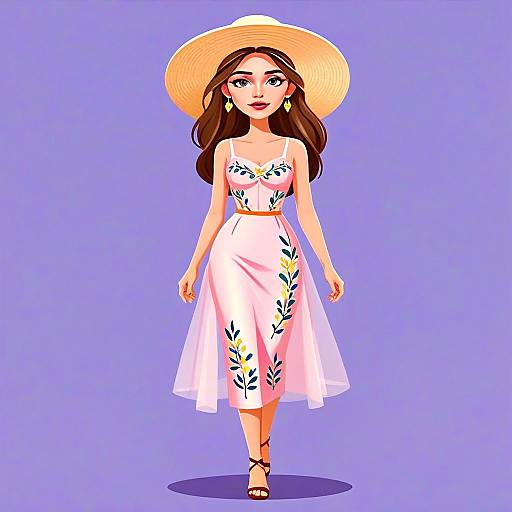 Woman in Pretty Floral Corset Style Midi Dress with Straw Hat Digital Illustration