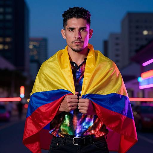 Young Man Wearing Colombian Flag with Neon City Lights at Twilight