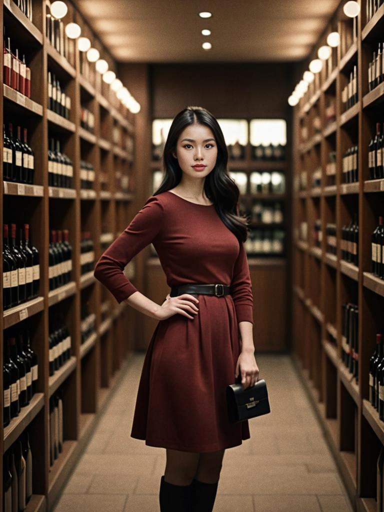 Elegant Woman in Vintage Wine Cellar