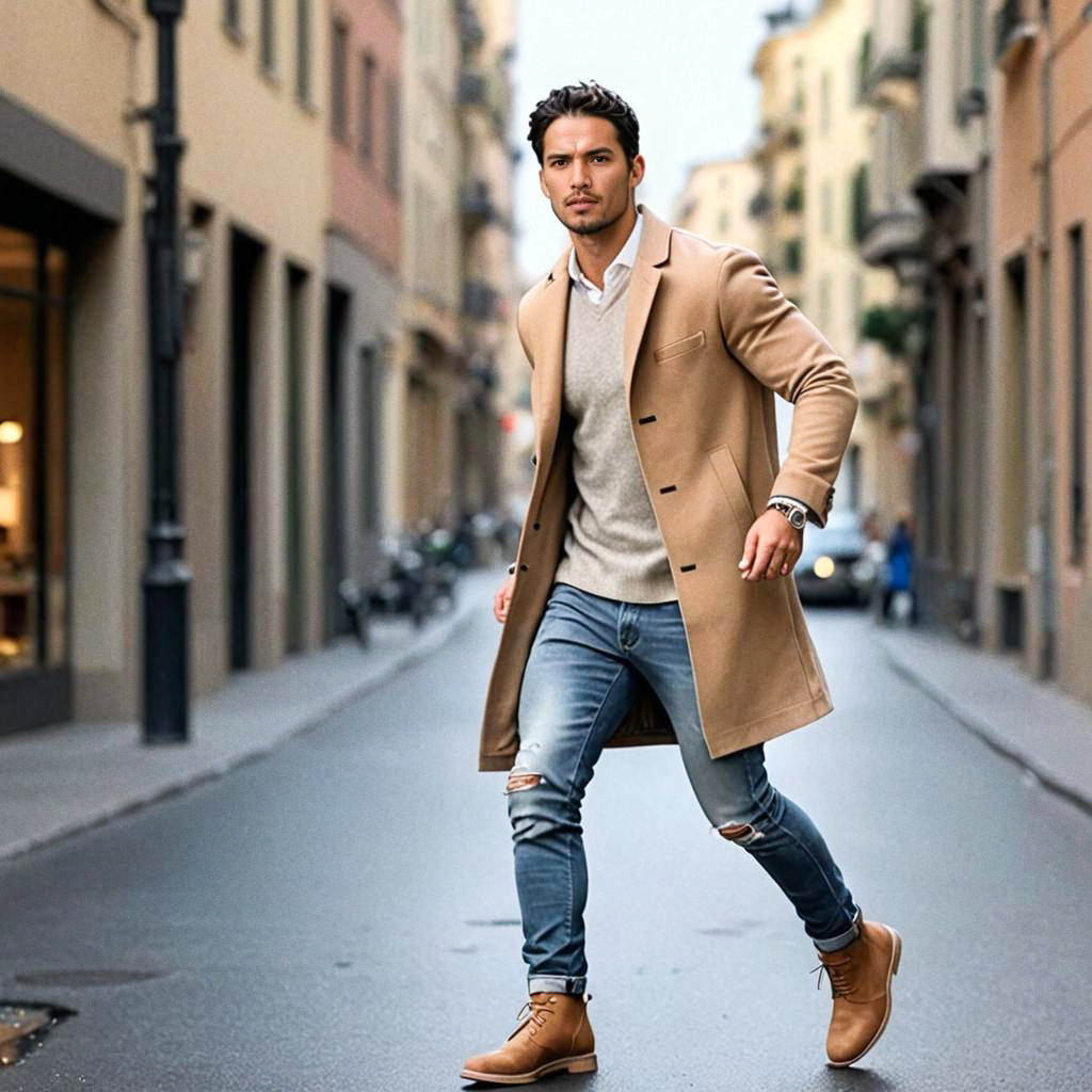 Stylish Man in Beige Coat on European Street