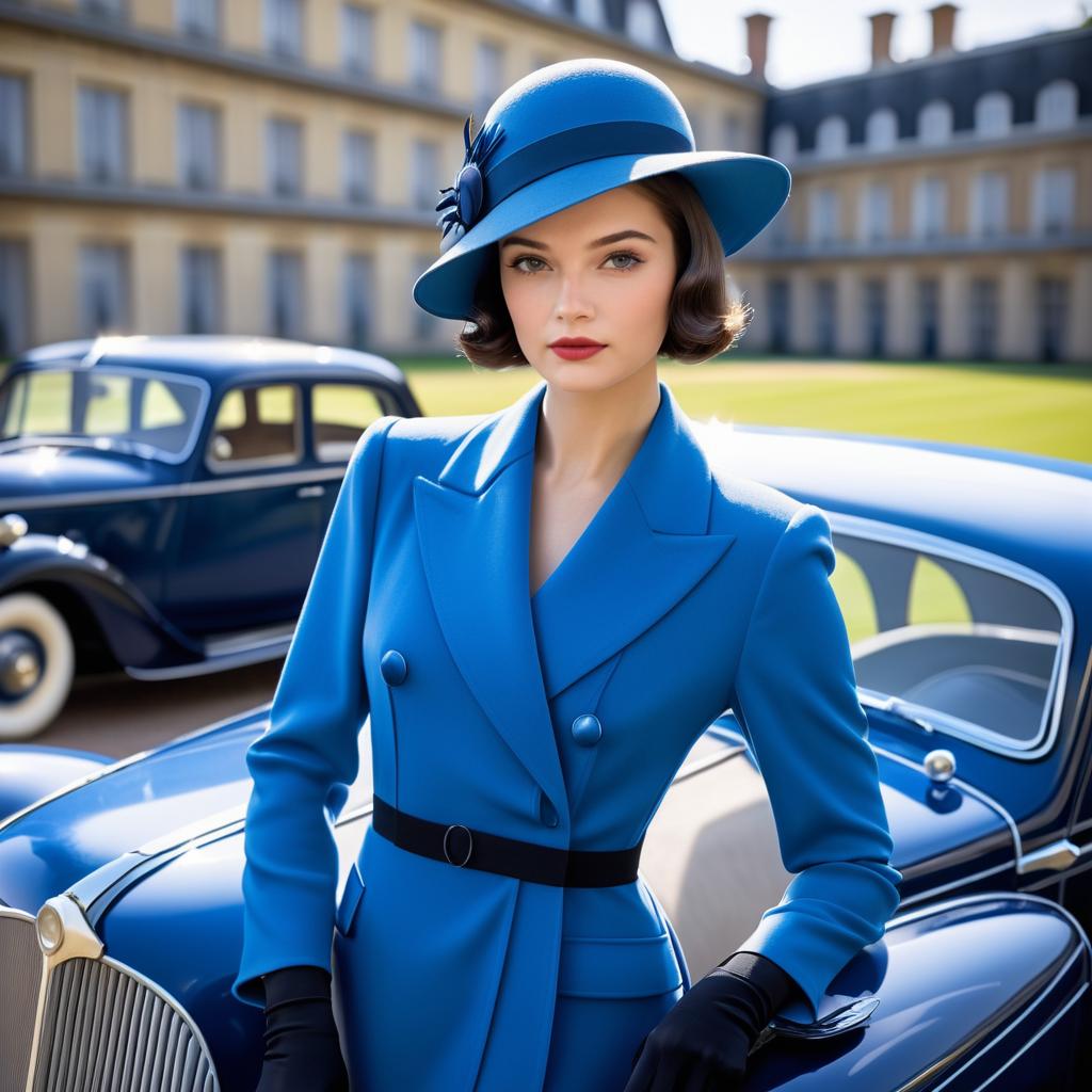 Elegant Woman in Vintage Blue Coat and Hat