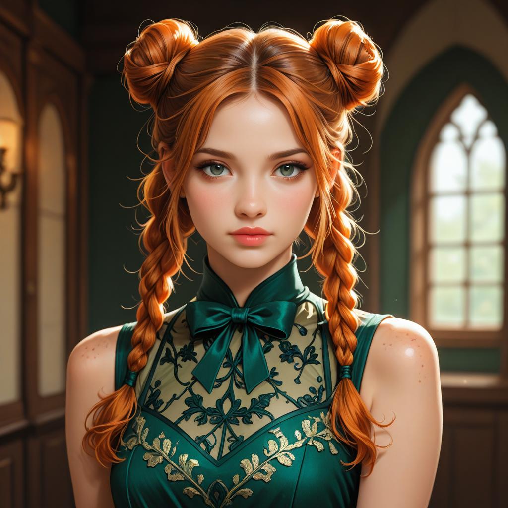 Young Woman with Red Hair in Elegant Green Dress