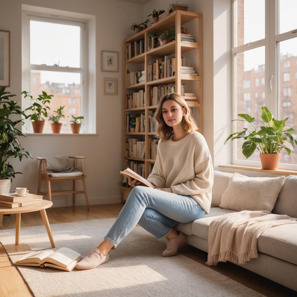 Woman Reading in Sunlit Living Room